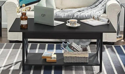 GreenForest Coffee Table with Storage, 39inch Modern Coffee Tables for Living Room, X-Frame Design Farmhouse Black Coffee Table Space Saving Living Room Tables, Easy Assembly, Black - LeafyLoom