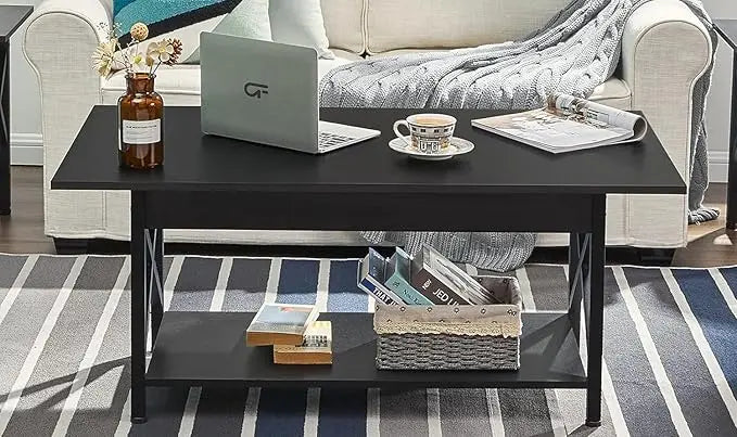 GreenForest Coffee Table with Storage, 39inch Modern Coffee Tables for Living Room, X-Frame Design Farmhouse Black Coffee Table Space Saving Living Room Tables, Easy Assembly, Black - LeafyLoom