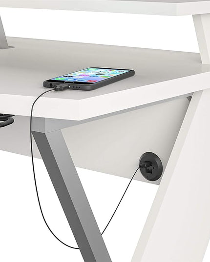 Xtreme Riser, Ergonomic, Home Office, Work Table, Computer, Gaming Room Desk, Monitor Stand, Cup Holder, Headphone Hook, White - LeafyLoom