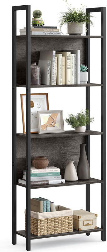 VASAGLE 5-Tier Bookshelf, Book Shelf, Industrial Bookcase, with Steel Frame, for Living Room, Home Office, Bedroom, 9.4 x 24.4 x 65 Inches, Charcoal Gray and Black ULLS025B04 - LeafyLoom