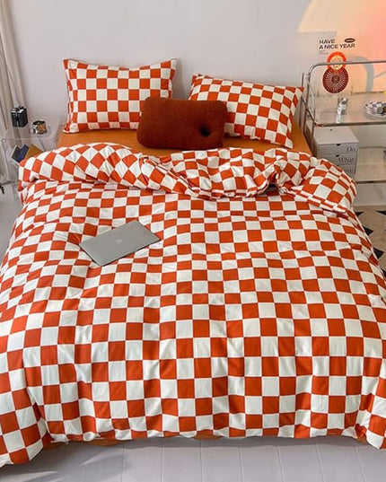 Wellboo Orange White Plaid Comforter Sets Queen Women Girls Light Red Checkerboard Bedding Comforters Cotton Rust Caramel and White Checkered Geometric Quilts Adults Modern Grid Abstract Simple Bed - LeafyLoom