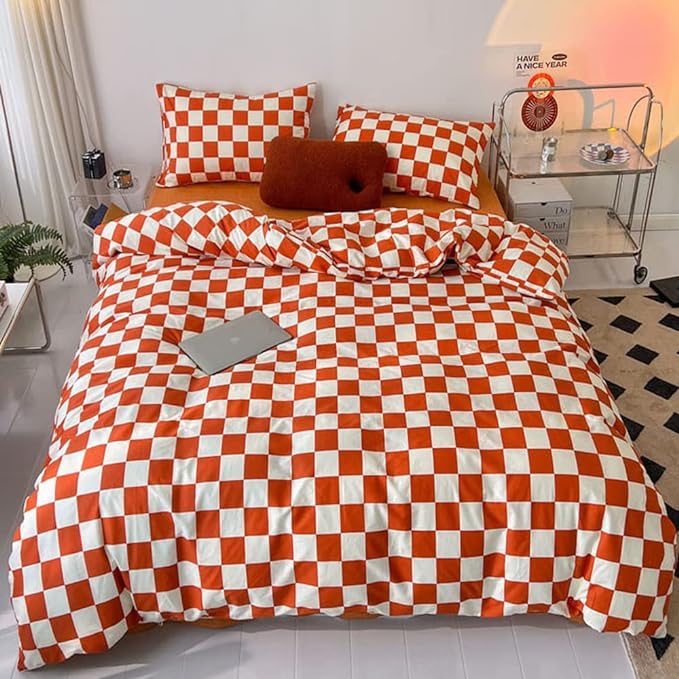 Wellboo Orange White Plaid Comforter Sets Queen Women Girls Light Red Checkerboard Bedding Comforters Cotton Rust Caramel and White Checkered Geometric Quilts Adults Modern Grid Abstract Simple Bed - LeafyLoom