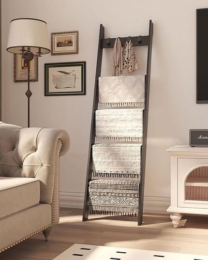 IBUYKE 5-Tier Blanket Ladder Shelf,Ladder Rack for Storage and Decor,Wooden Blanket Holder with Hooks,Easy Assembly for Bedroom,Rustic Brown TTR006B - LeafyLoom