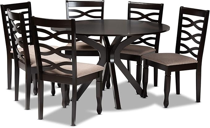 Baxton Studio Mila Modern and Contemporary Sand Fabric Upholstered Dark Brown Finished Wood 7-Piece Dining Set - LeafyLoom