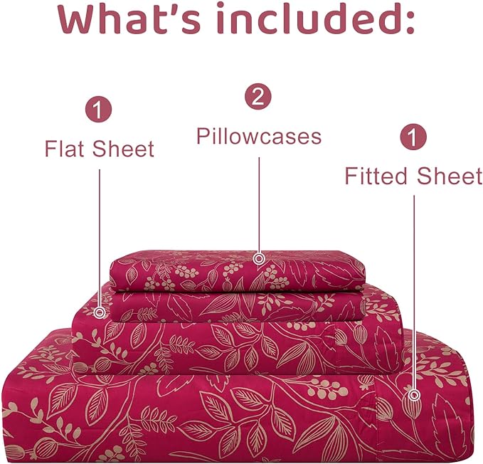 QSH Floral King Size Sheet Sets - 100% Egyptian Cotton Floral Bedding Sheets Red Flower Pattern Botanical Printed Bedding King Size Bed Sheets 17.5" Extra Deep Pocket 4pcs - LeafyLoom
