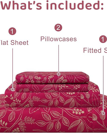 QSH Floral Queen Size Sheet Sets - 100% Egyptian Cotton Sheets Elegant Red Flower Pattern Botanical Printed Bedding Sheets Queen Size Bed Extra Soft and Breathable 4pcs Deep Pockets Bed Sheets - LeafyLoom