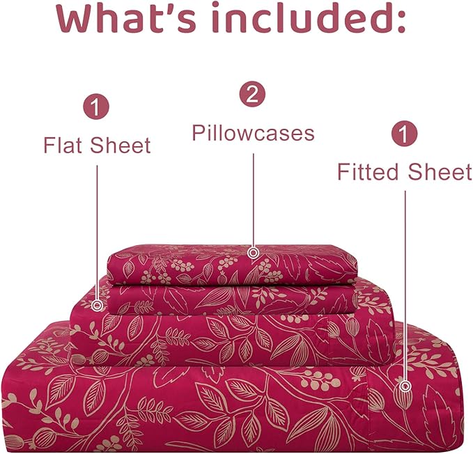 QSH Floral Queen Size Sheet Sets - 100% Egyptian Cotton Sheets Elegant Red Flower Pattern Botanical Printed Bedding Sheets Queen Size Bed Extra Soft and Breathable 4pcs Deep Pockets Bed Sheets - LeafyLoom