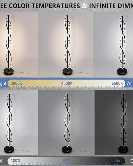 LED Spiral Floor Lamp 53 inch, with Remote Control Three Color Dimmable Standing Lamps, Modern Creative Pole Lamp, 36W Floor Lamps for Living Room, Bedroom, Office, Study Light（Black） - LeafyLoom