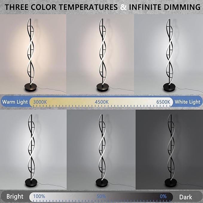 LED Spiral Floor Lamp 53 inch, with Remote Control Three Color Dimmable Standing Lamps, Modern Creative Pole Lamp, 36W Floor Lamps for Living Room, Bedroom, Office, Study Light（Black） - LeafyLoom