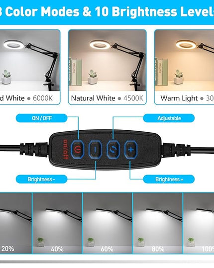10X Magnifying Glass with Light, Flexible Arm Magnifier Lamp, 3 Color Modes & Stepless Dimming Magnifying Lamp with Clamp, Hands Free Lighted Magnifying Glass for Hobby Craft Workbench-Black - LeafyLoom