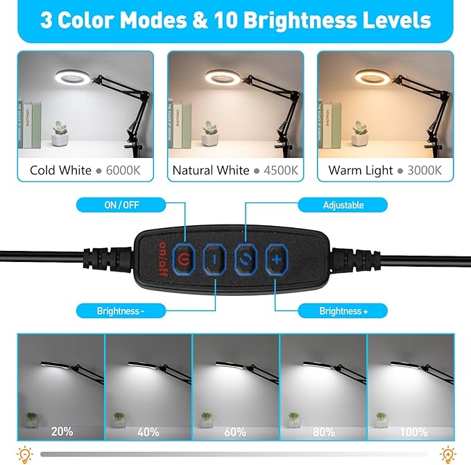 10X Magnifying Glass with Light, Flexible Arm Magnifier Lamp, 3 Color Modes & Stepless Dimming Magnifying Lamp with Clamp, Hands Free Lighted Magnifying Glass for Hobby Craft Workbench-Black - LeafyLoom