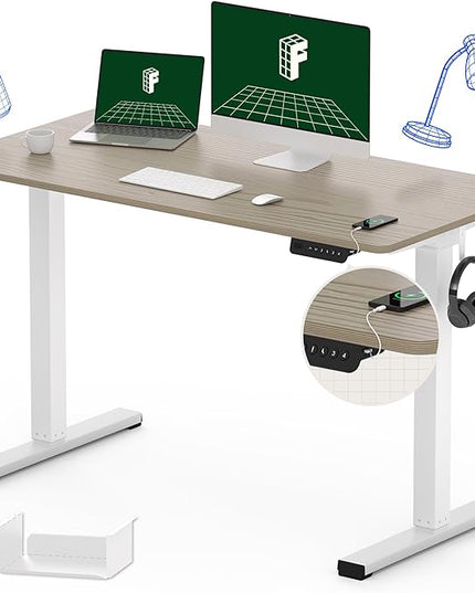FLEXISPOT Standing Desk Quick Assembly Electric Adjustable with 48 x 24 Inches Whole-Piece Desktop Ergonomic Memory Controller Stand Up Desk(White Frame + 48" Grey Wood Grain) - LeafyLoom
