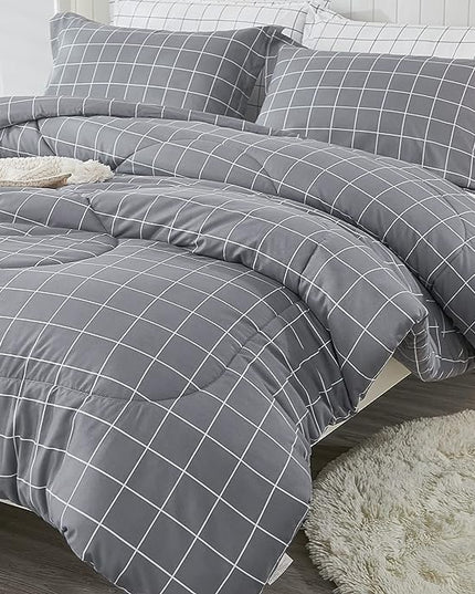Andency Grey Grid Comforter Set Queen Size (90x90 inch), 3 Pieces (1 Grey Comforter and 2 Pillowcases), Summer Lightweight Microfiber Down Alternative Bedding Comforter Sets with White Lines - LeafyLoom