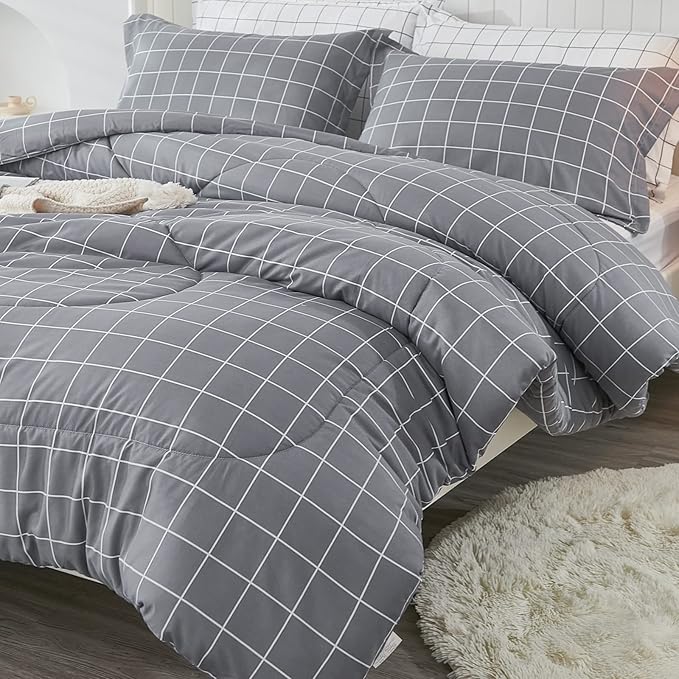 Andency Grey Grid Comforter Set Full Size (79x90 inch), 3 Pieces (1 Grey Comforter and 2 Pillowcases), Summer Lightweight Microfiber Down Alternative Bedding Comforter Sets with White Lines - LeafyLoom