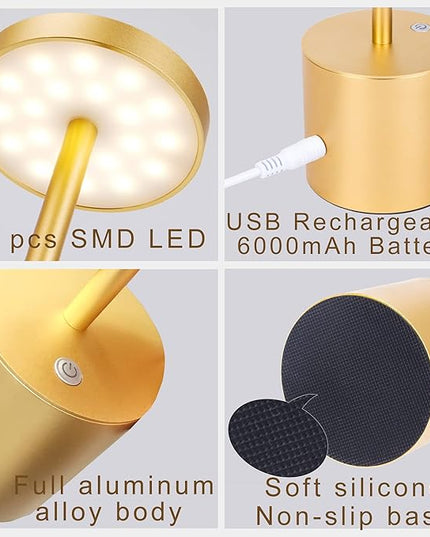 Cordless Table Lamp, Rechargeable LED Battery 6000mAh Metal USB Portable Powered Desk Lamp, 3 Levels Brightness Light for Restaurants Outdoor (13.25in Gold) - LeafyLoom