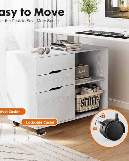 Sweetcrispy 3 Drawer File Cabinet Organizer Lateral Printer Stand Rolling Desk with Adjustable Storage Shelves for Office Home Small Space, White Wood - LeafyLoom