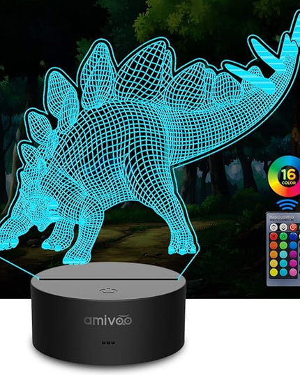 Dinosaur 3D Night Light for Kids 16 Colors Changing 3D Optical Illusion Lamp with Smart Touch & Remote Control, Best Gift for Girls Boys Kids (Stegosaurus) - LeafyLoom
