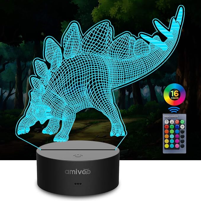 Dinosaur 3D Night Light for Kids 16 Colors Changing 3D Optical Illusion Lamp with Smart Touch & Remote Control, Best Gift for Girls Boys Kids (Stegosaurus) - LeafyLoom
