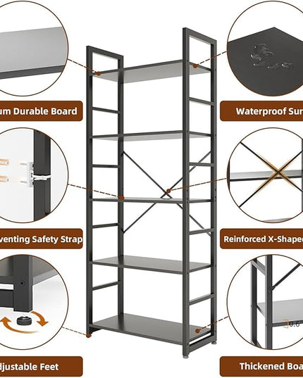 COTUBLR 5 Tier Bookshelf 24 Inch Bookcase Book Shelf Organizer Modern Tall Bookshelf Book Case Ladder Bookshelves Book Storage for Bedroom, Living Room, Home Office, Kitchen (Black) - LeafyLoom