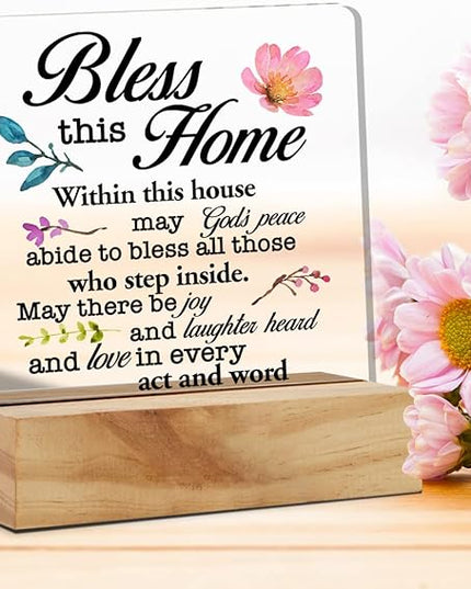 Inspirational House Warming Gifts Home Bless this Home Quote Desk Decor House Blessing Religious Acrylic Desk Plaque Sign with Wood Stand Home Office Desk Sign Keepsake - LeafyLoom
