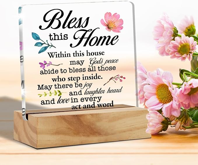 Inspirational House Warming Gifts Home Bless this Home Quote Desk Decor House Blessing Religious Acrylic Desk Plaque Sign with Wood Stand Home Office Desk Sign Keepsake - LeafyLoom