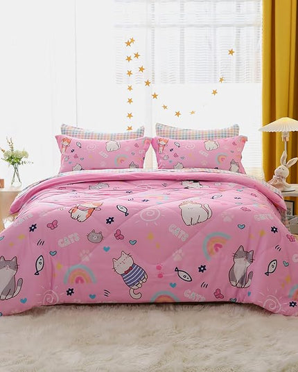 Pink Cats Comforter Set Twin Size for Girls Kids Teens 7 Piece Cute Animal Fish Butterfly Bed in A Bag Cartoon Rainbow Star Sun Heart Bedding Set All Season Lightweight - LeafyLoom