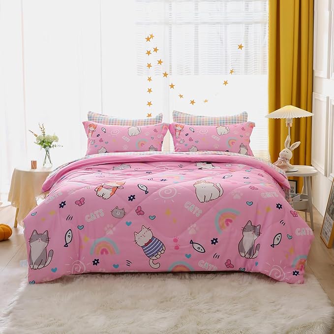 Pink Cats Comforter Set Twin Size for Girls Kids Teens 7 Piece Cute Animal Fish Butterfly Bed in A Bag Cartoon Rainbow Star Sun Heart Bedding Set All Season Lightweight - LeafyLoom