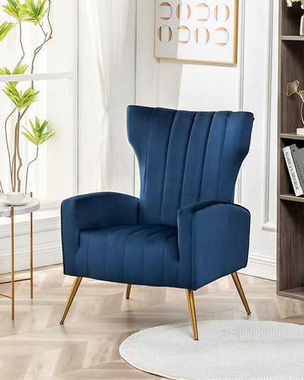 Armchair Modern Velvet Accent Chair, Channel Tufted Bedroom, Office or Living Room Furniture with Elegant Metal Legs, Blue - LeafyLoom