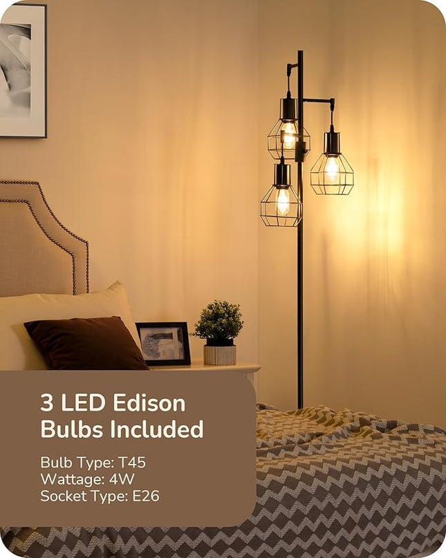 EDISHINE Dimmable Farmhouse Floor Lamp, Industrial Standing Lamp for Living Room, 3 LED Edison Bulbs Included, Black Corner Rustic Tall Tree Reading Lamps Home Decor for Bedroom, Office - LeafyLoom
