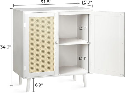 Buffet Cabinet with Storage, Storage Cabinet with PE Rattan Decor Doors, Accent Cabinet with Solid Wood Feet, Sideboard Cabinet for Hallway, Entry, Living Room, White - LeafyLoom