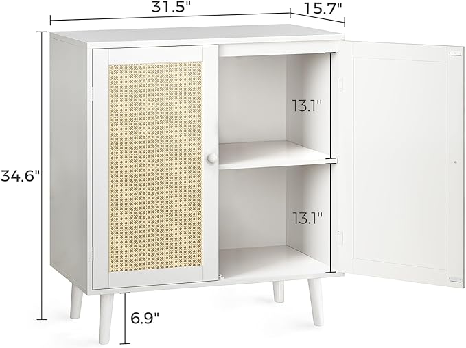 Buffet Cabinet with Storage, Storage Cabinet with PE Rattan Decor Doors, Accent Cabinet with Solid Wood Feet, Sideboard Cabinet for Hallway, Entry, Living Room, White - LeafyLoom