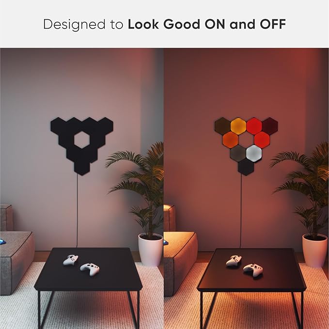 Nanoleaf Shapes WiFi and Thread Smart RGBW 16M+ Color LED Dimmable Gaming and Home Decor Wall Lights Smarter Kits (Black Hexagons Smarter Kit (9 Pack)) NANOLEAF