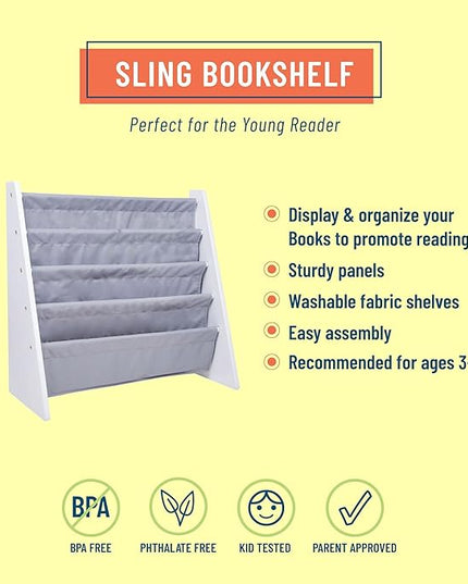 Wildkin Kids Canvas Sling Bookshelf for Boys and Girls, Wooden Design Features Four Fabric Shelves, Keep Bedrooms, Playrooms, and Classrooms Organized, Measures 25 x 24 x 11 Inches (White w/Gray) - LeafyLoom