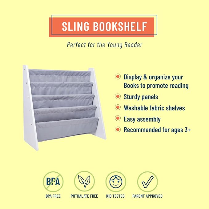 Wildkin Kids Canvas Sling Bookshelf for Boys and Girls, Wooden Design Features Four Fabric Shelves, Keep Bedrooms, Playrooms, and Classrooms Organized, Measures 25 x 24 x 11 Inches (White w/Gray) - LeafyLoom
