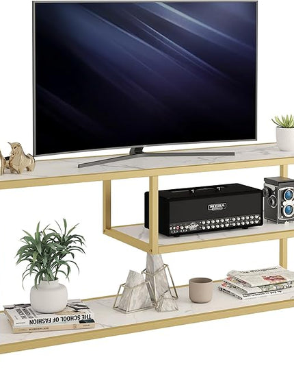Function Home TV Stand for TVs up to 55 Inch, 3 Tier Entertainment Center, Media Console with Open Storage Shelves for Living Room Bedroom, 47” Modern TV Table with Faux Marble Top Gold Metal Leg - LeafyLoom
