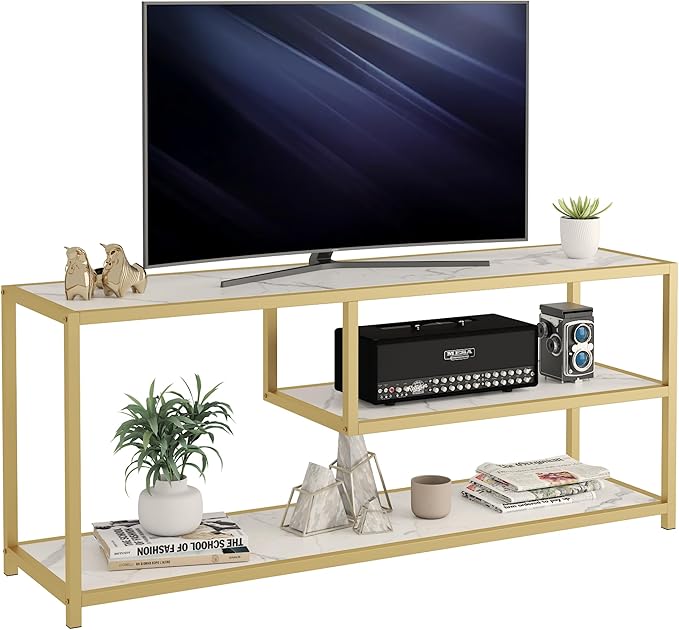 Function Home TV Stand for TVs up to 55 Inch, 3 Tier Entertainment Center, Media Console with Open Storage Shelves for Living Room Bedroom, 47” Modern TV Table with Faux Marble Top Gold Metal Leg - LeafyLoom