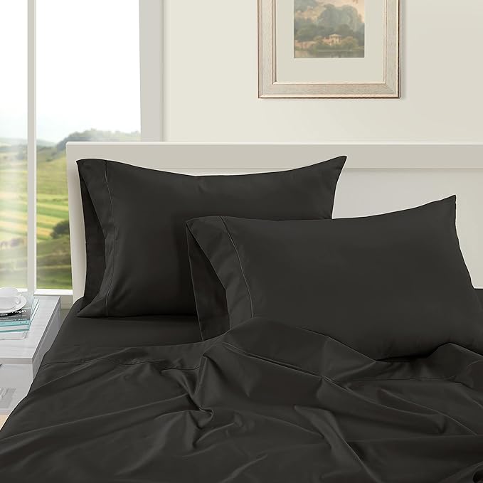 LANE LINEN 100% Egyptian Cotton Bed Sheets - 1000 Thread Count 4-Piece Full Sheets Set, Long Staple Cotton Bedding Sheets, Sateen Weave, Luxury Hotel Sheets, 16" Deep Pocket - Black - LeafyLoom
