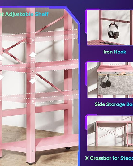 Bestier Pink Gaming Desk with Power Outlets, 44 Inch Led Gamer Desk with 4 Tiers Reversible Shelves, Pink Computer Desk with Headset Hook & Side Storage Bag for Bedroom (Pink 3D Carbon Fiber) - LeafyLoom