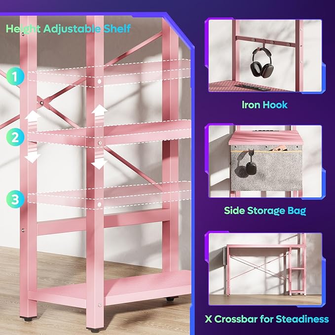 Bestier Pink Gaming Desk with Power Outlets, 44 Inch Led Gamer Desk with 4 Tiers Reversible Shelves, Pink Computer Desk with Headset Hook & Side Storage Bag for Bedroom (Pink 3D Carbon Fiber) - LeafyLoom