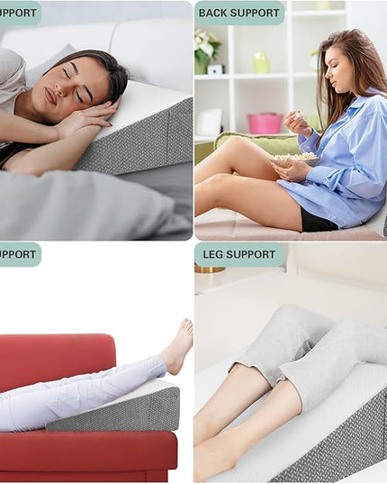 8" Bed Wedge Pillow for Sleeping, Triangle Pillow Memory Foam Top Wedge Pillow for Head, Back, Knee Support Leg Elevation Pillows for Acid Reflux, Reading, with Remover Washable Cover - LeafyLoom