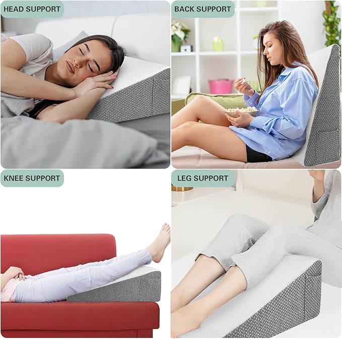 8" Bed Wedge Pillow for Sleeping, Triangle Pillow Memory Foam Top Wedge Pillow for Head, Back, Knee Support Leg Elevation Pillows for Acid Reflux, Reading, with Remover Washable Cover - LeafyLoom