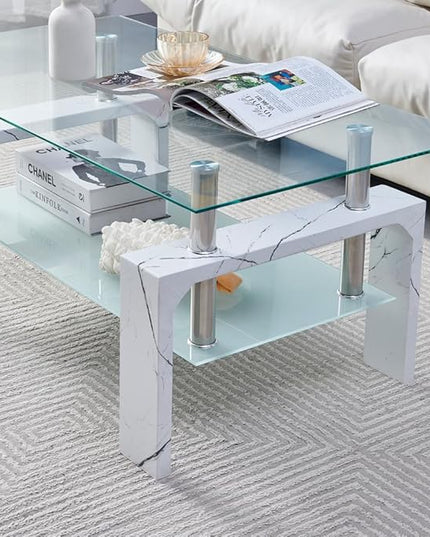 Living Room Rectangle Coffee Table, Tea Table Suitable for Waiting Room, Modern Side Coffee Table with Wooden Leg, Glass Tabletop with Lower Shelf, Marble - LeafyLoom