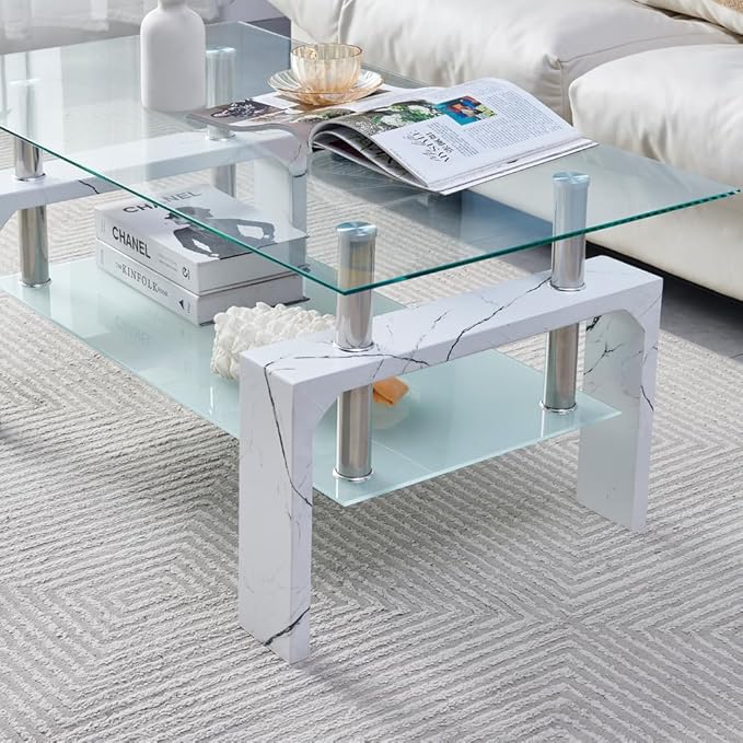 Living Room Rectangle Coffee Table, Tea Table Suitable for Waiting Room, Modern Side Coffee Table with Wooden Leg, Glass Tabletop with Lower Shelf, Marble - LeafyLoom