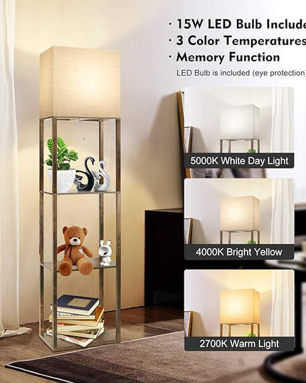 RUNTOP Plus Floor Lamp with Shelves, Modern Shelf Floor Lamp with 15W 3CCT LED Bulb and Memory Function, Wide Shelf Lamp for Display Storage, Standing Lamps for Living Room, Bedroom, Office, Corner - LeafyLoom