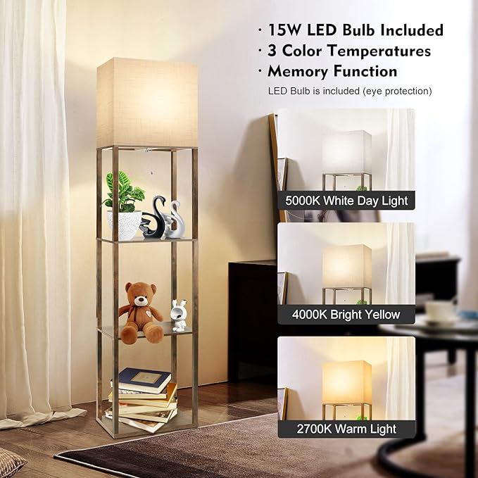 RUNTOP Plus Floor Lamp with Shelves, Modern Shelf Floor Lamp with 15W 3CCT LED Bulb and Memory Function, Wide Shelf Lamp for Display Storage, Standing Lamps for Living Room, Bedroom, Office, Corner - LeafyLoom