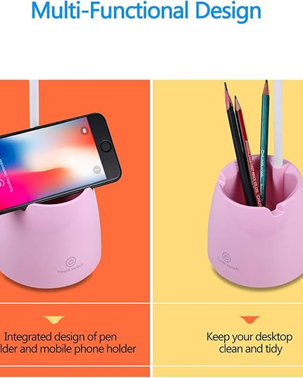 Desk Lamp LED, Desk Lamps with 3 Lighting Modes and Stepless Dimming, Desk Light 360 ° Flexible Gooseneck with Pen Holder & Mobile Phone Stand for Reading Kids Dorm (Pink) - LeafyLoom