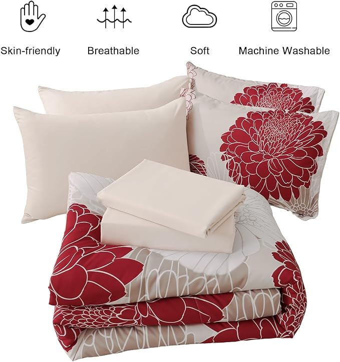 Yiran 7 Pieces King Comforter Set Red Floral Bed in a Bag Soft Microfiber Bedding Set 103"×90"(1 Comforter 1 Flat Sheet 1 Fitted Sheet 2 Pillowshams 2 Pillowcases) - LeafyLoom
