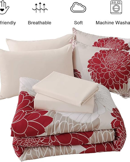 Yiran 7 Pieces Queen Comforter Set Red Floral Bed in a Bag Soft Microfiber Bedding Set 90"×90"(1 Comforter 1 Flat Sheet 1 Fitted Sheet 2 Pillowshams 2 Pillowcases) - LeafyLoom