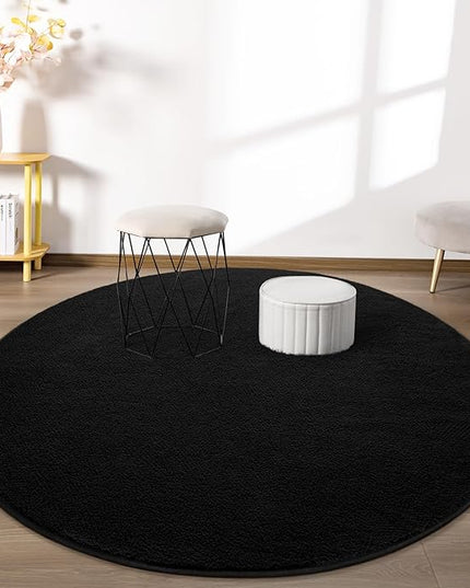 Round Area Rugs for Bedroom Living Room, 4x4 Black Super Soft Comfy Thickened Memory-Foam Indoor Circle Carpet, Modern Aesthetic Minimalist Carpet for Boys Girls Adults Nursery Home Décor - LeafyLoom