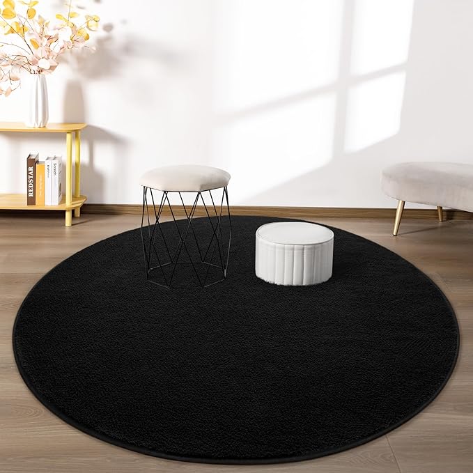 Round Area Rugs for Bedroom Living Room, 4x4 Black Super Soft Comfy Thickened Memory-Foam Indoor Circle Carpet, Modern Aesthetic Minimalist Carpet for Boys Girls Adults Nursery Home Décor - LeafyLoom